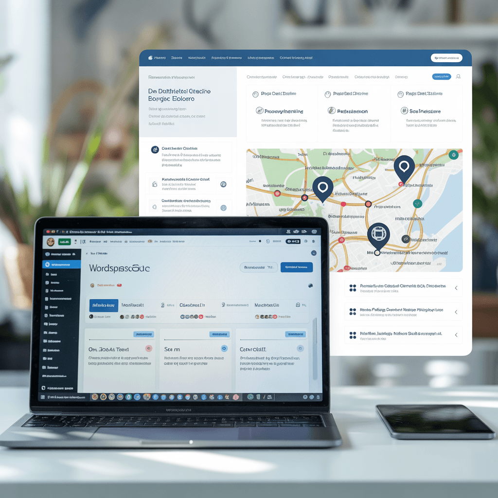 Modern digital marketing workspace showing WordPress dashboard, SEO analytics interface, local SEO map pins, on-page SEO checklist, and internal linking structure for website growth and optimization.