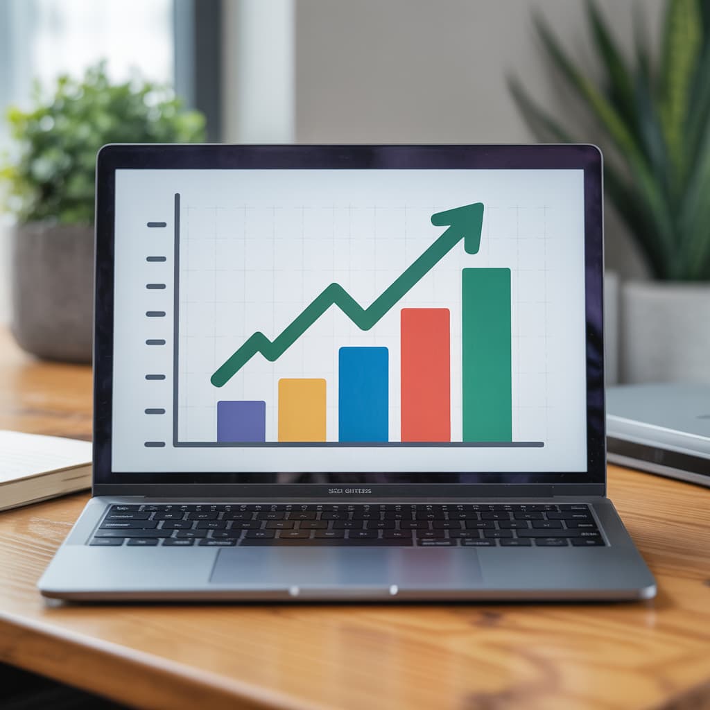 Upward growth chart on a laptop screen showing long-term SEO growth and increasing business performance over time
